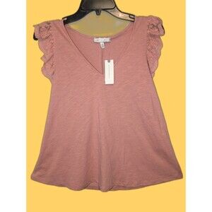 Anthropologie Women's Medium Eric + Ali Top Rose Pink Lace Flutter Sleeve NWT